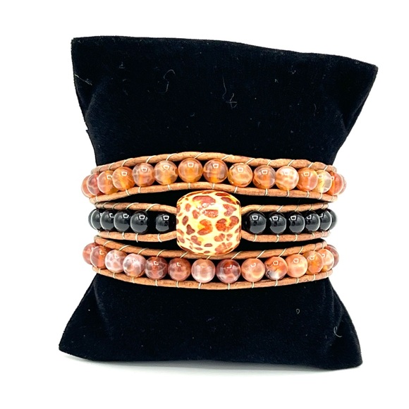 Hand Crafted Jewelry - HAND CRAFTED Safari Red Fire Agate and Black Onyx Wrap Bracelet